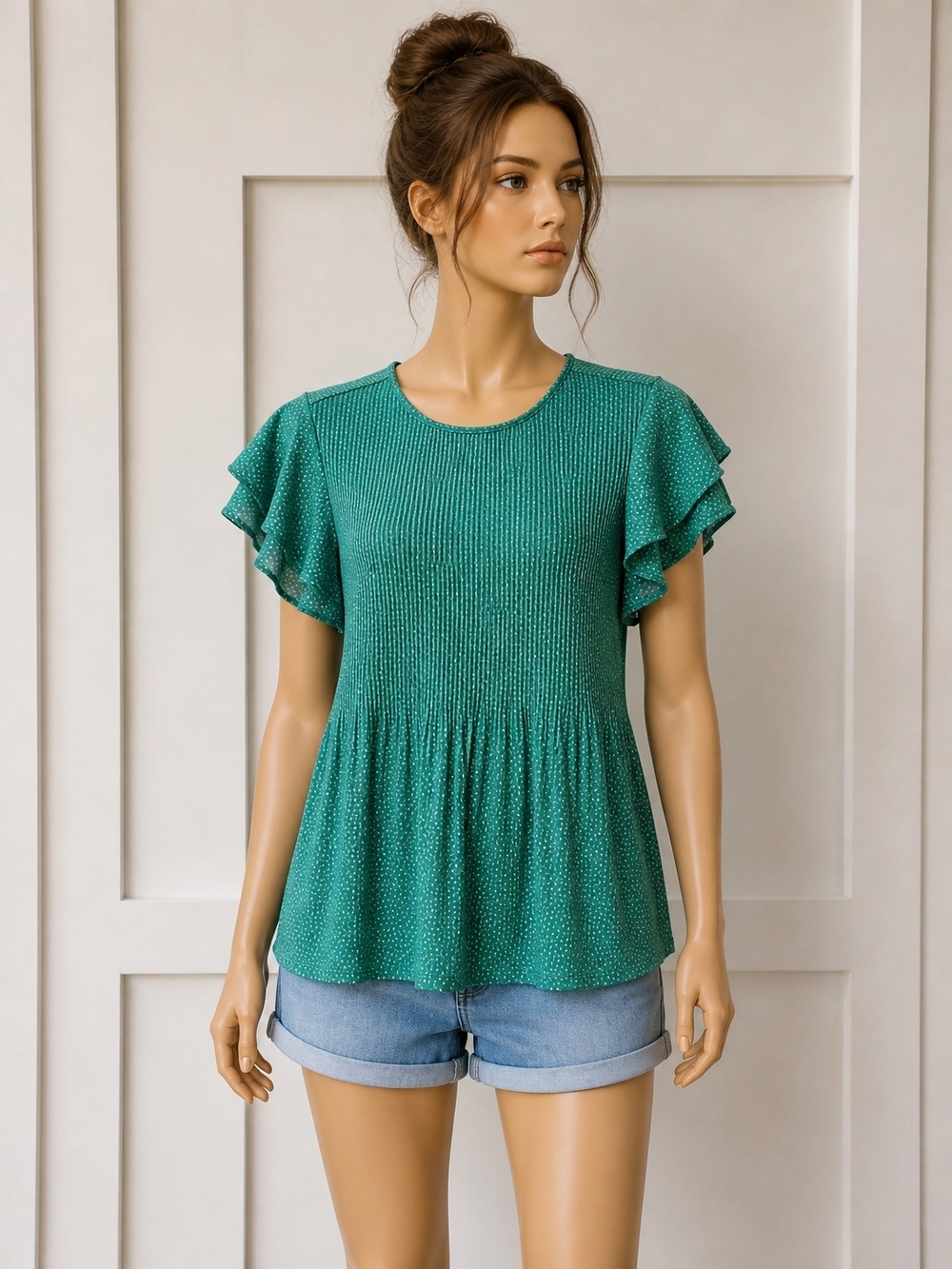 Adrianna Papell Teal Ruffle Sleeve Peplum Top